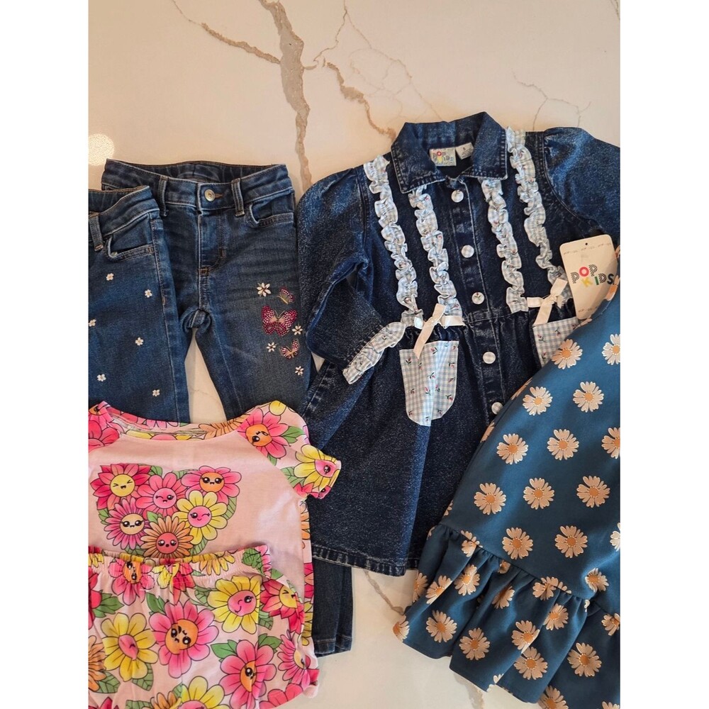 Girls Cottagecore Bundle Denim Dress Daisy Ruffle Dress Embroidered Jeans 5/6